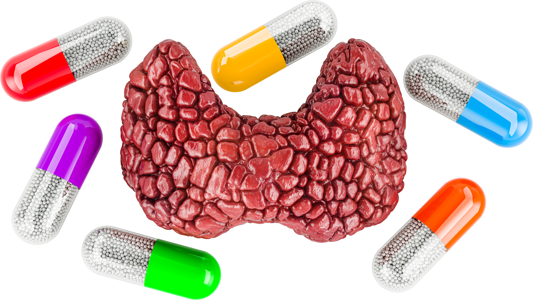 Thyroid gland with medicine capsules. Drug for thyroid disease, concept. 3D rendering isolated on transparent background